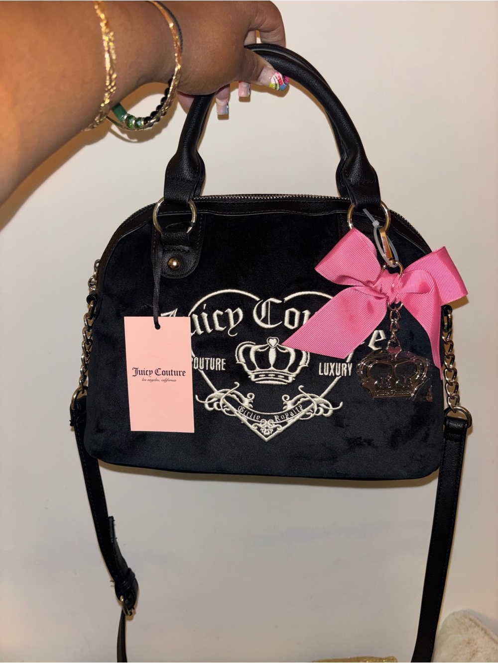 Juicy Couture Black Velvet Satchel with Pink Bow Charm